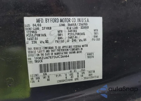 2003 Ford Explorer Sport Trac Xls/Xlt z USA, uszkodzony, nr VIN 1FMZU67E73UC26464